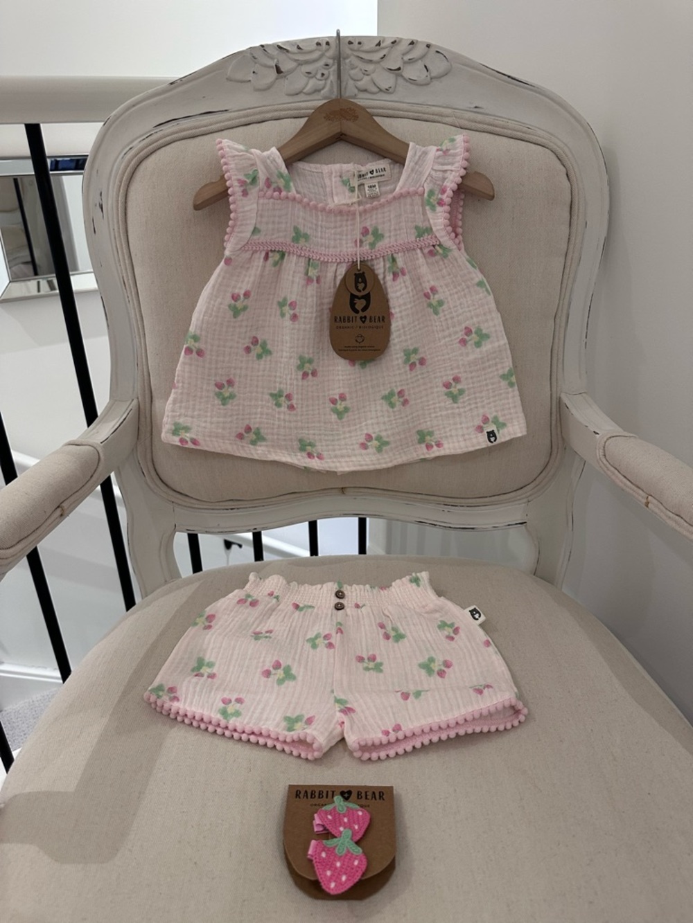 🍓18 Mth Organic Cotton Rabbit & Bear Pale Pink Stawberry Ruffle Baby Set NWT